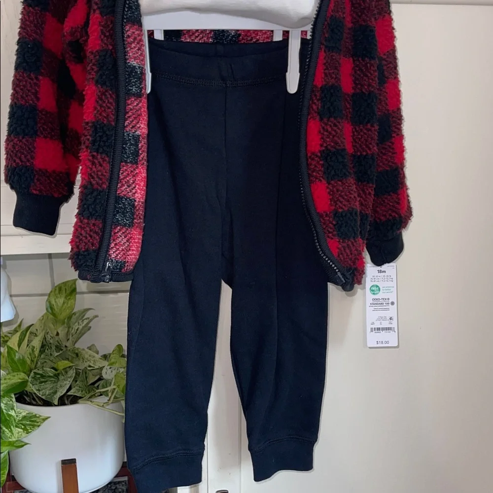 Carters Baby 18M 3PC Plaid Fleece Jacket Penguin Bodysuit Pants Set Red Black